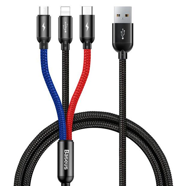 Кабель Baseus Three Primary Colors Series 3 в 1 USB - microUSB/USB Type-C/Lightning (CAMLT), 1.2 м, black/red/blue - 2